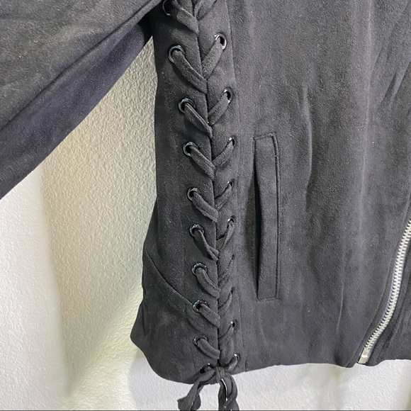 Olivaceous MOTO Jacket in True Black Biker Crop Faux Suede Lace Up Tie Zipper - Picture 13 of 16